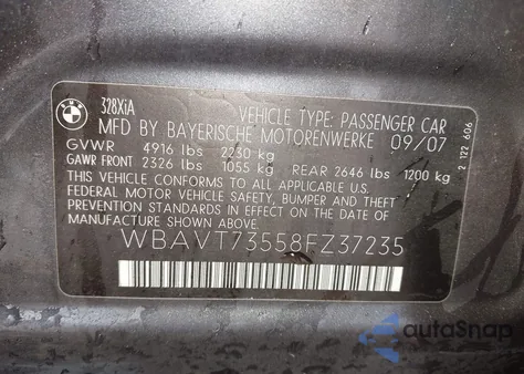 2008 BMW 328Xi из США, поврежденный, VIN WBAVT73558FZ37235